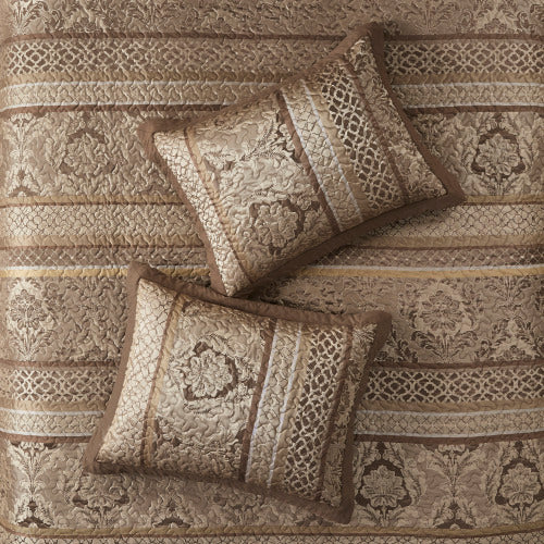 5 Piece Reversible Jacquard Bedspread Set Brown Gold King