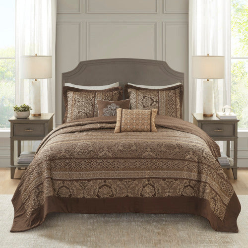 5 Piece Reversible Jacquard Bedspread Set Brown Gold King