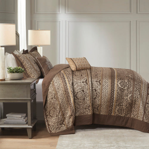 5 Piece Reversible Jacquard Bedspread Set Brown Gold King